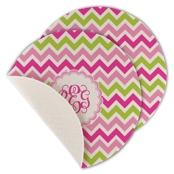 Custom Pink & Green Chevron Round Linen Placemat - Single Sided - Set of 4 (Personalized)