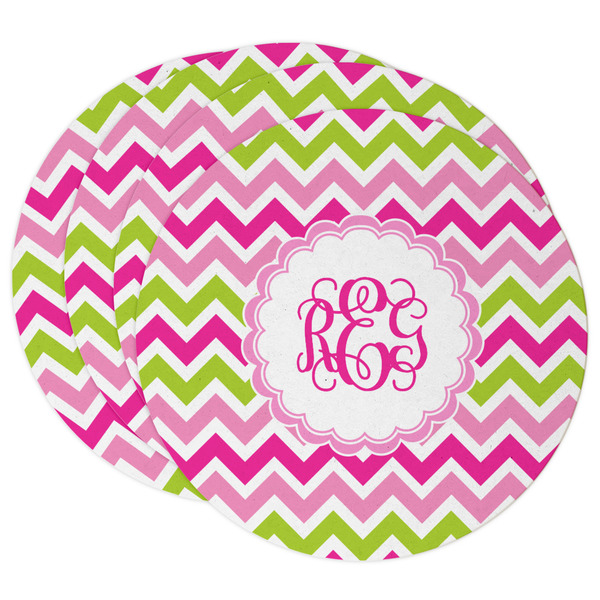 Custom Pink & Green Chevron Round Paper Coasters w/ Monograms