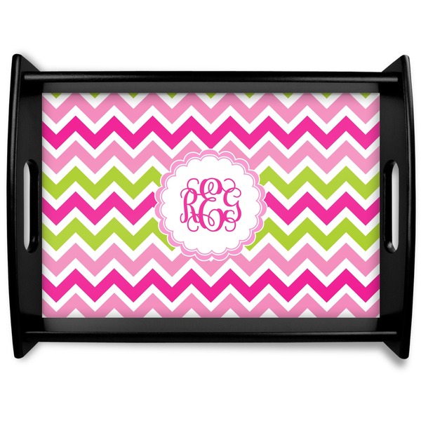 Custom Pink & Green Chevron Black Wooden Tray - Large (Personalized)