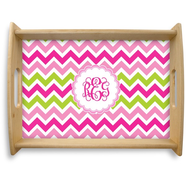 Custom Pink & Green Chevron Natural Wooden Tray - Large (Personalized)