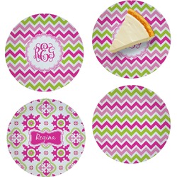 Pink & Green Chevron Set of 4 Glass Appetizer / Dessert Plate 8" (Personalized)