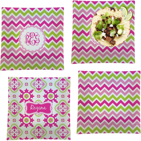 Custom Pink & Green Chevron Set of 4 Glass Square Lunch / Dinner Plate 9.5" (Personalized)