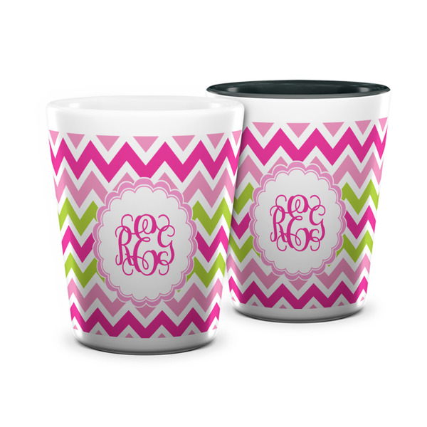 Custom Pink & Green Chevron Ceramic Shot Glass - 1.5 oz (Personalized)