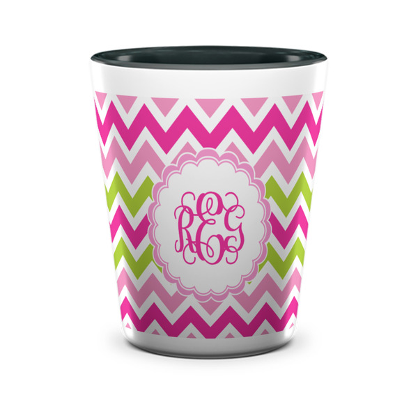 Custom Pink & Green Chevron Ceramic Shot Glass - 1.5 oz - Two Tone - Single (Personalized)