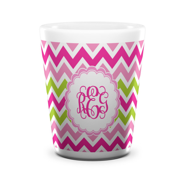 Custom Pink & Green Chevron Ceramic Shot Glass - 1.5 oz - White - Single (Personalized)