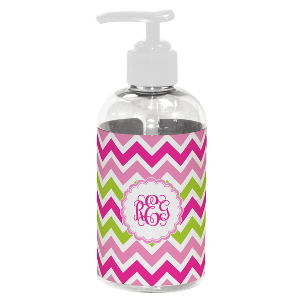 Custom Pink & Green Chevron Plastic Soap / Lotion Dispenser (8 oz - Small - White) (Personalized)