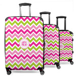 Pink & Green Chevron 3 Piece Luggage Set - 20" Carry On, 24" Medium Checked, 28" Large Checked (Personalized)