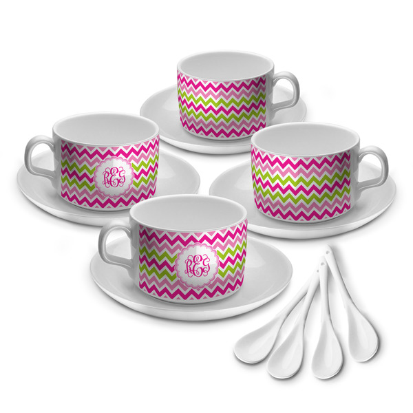 Custom Pink & Green Chevron Tea Cup - Set of 4 (Personalized)