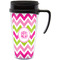 Pink & Green Chevron Travel Mug with Black Handle - Front