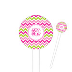 Pink & Green Chevron 4" Round Plastic Food Picks - White - Single Sided (Personalized)