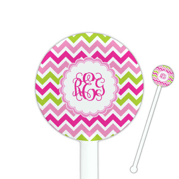 Custom Pink & Green Chevron 5.5" Round Plastic Stir Sticks - White - Single Sided (Personalized)