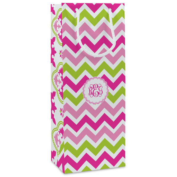 Custom Pink & Green Chevron Wine Gift Bags - Matte (Personalized)