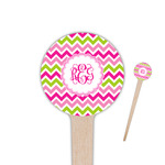 Pink & Green Chevron 4" Round Wooden Food Picks - Single Sided (Personalized)