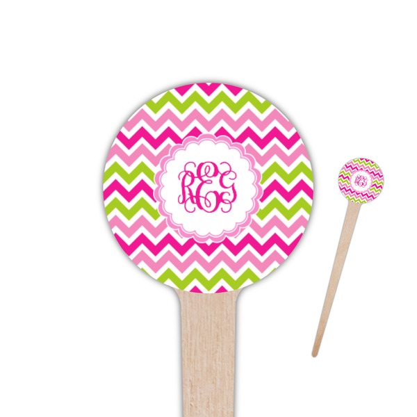 Custom Pink & Green Chevron 4" Round Wooden Food Picks - Single Sided (Personalized)