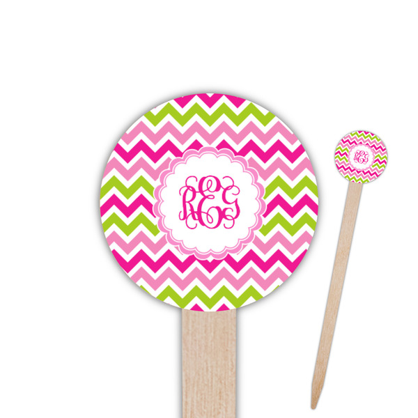 Custom Pink & Green Chevron Round Wooden Food Picks (Personalized)