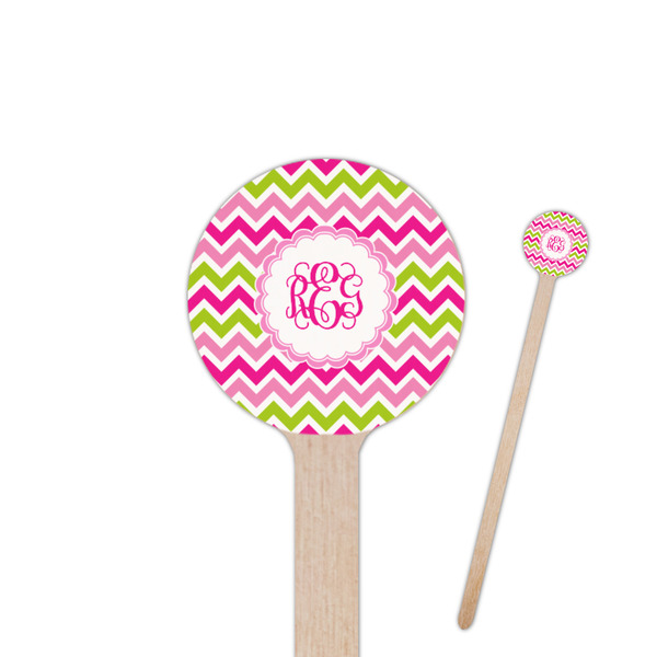 Custom Pink & Green Chevron 6" Round Wooden Stir Sticks - Single Sided (Personalized)