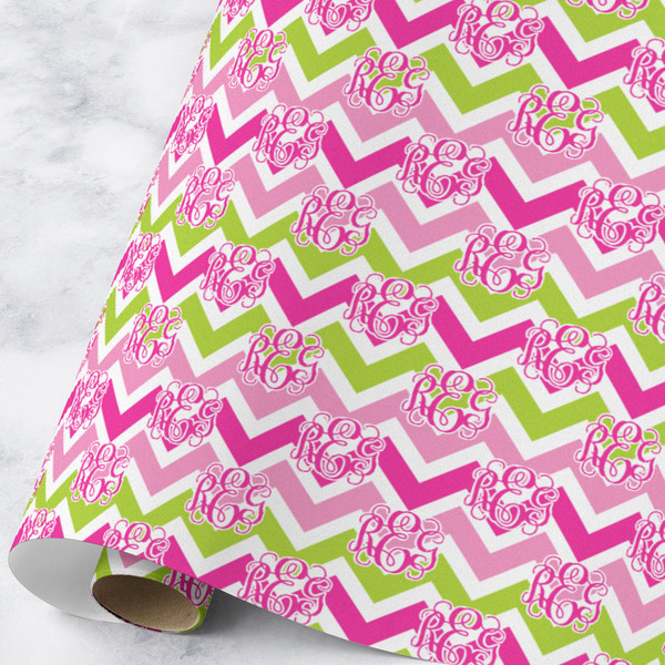 Custom Pink & Green Chevron Wrapping Paper Roll - Large - Matte (Personalized)