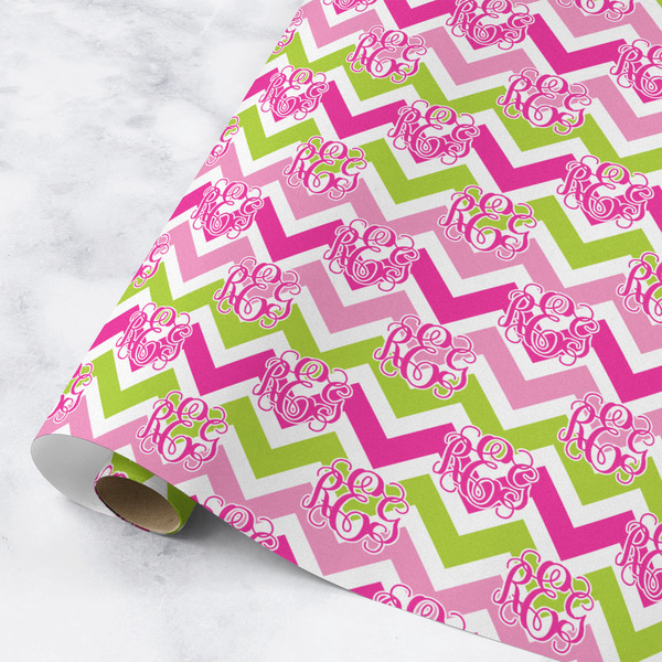 Custom Pink & Green Chevron Wrapping Paper Roll - Medium - Matte (Personalized)