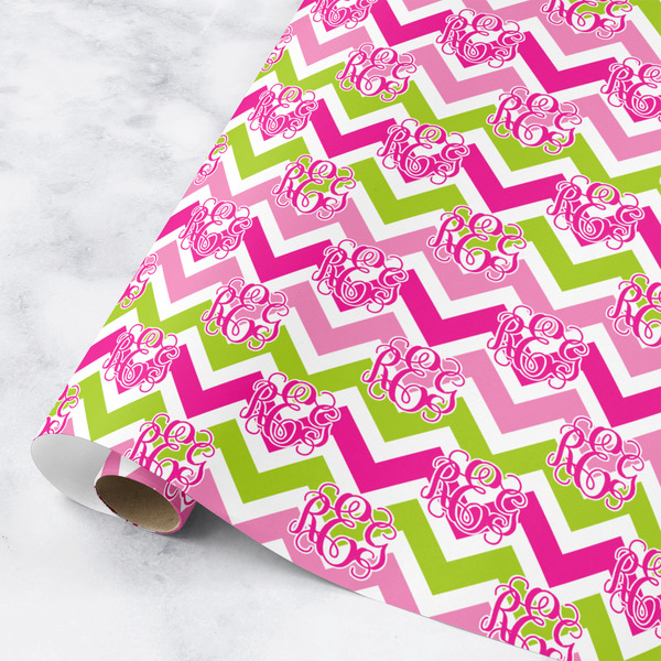 Custom Pink & Green Chevron Wrapping Paper Roll - Medium (Personalized)