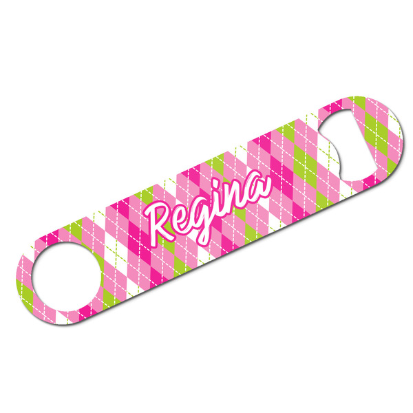 Custom Pink & Green Argyle Bar Bottle Opener - White w/ Monogram