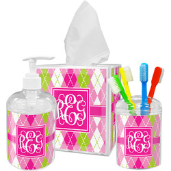 Pink & Green Argyle Acrylic Bathroom Accessories Set w/ Monogram