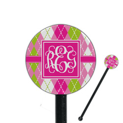 Pink & Green Argyle 5.5" Round Plastic Stir Sticks - Black - Single Sided (Personalized)