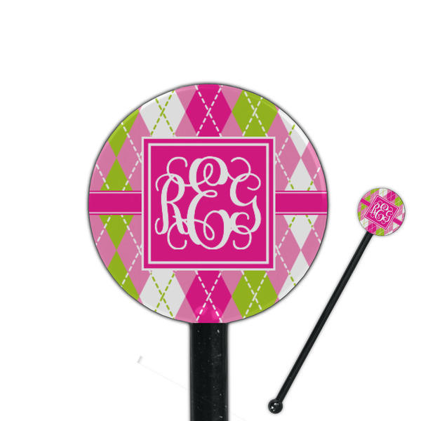 Custom Pink & Green Argyle 5.5" Round Plastic Stir Sticks - Black - Single Sided (Personalized)