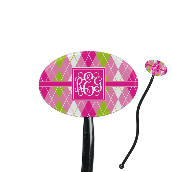 Custom Pink & Green Argyle 7" Oval Plastic Stir Sticks - Black - Single Sided (Personalized)