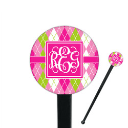 Pink & Green Argyle 7" Round Plastic Stir Sticks - Black - Single Sided (Personalized)