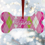 Pink & Green Argyle Ceramic Dog Ornament w/ Monograms