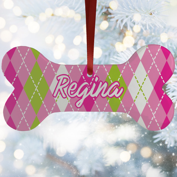 Custom Pink & Green Argyle Ceramic Dog Ornament w/ Monograms