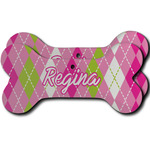 Pink & Green Argyle Ceramic Dog Ornament - Front & Back w/ Monogram