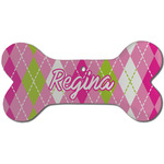 Pink & Green Argyle Ceramic Dog Ornament - Front w/ Monogram