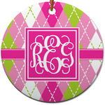 Pink & Green Argyle Round Ceramic Ornament w/ Monogram