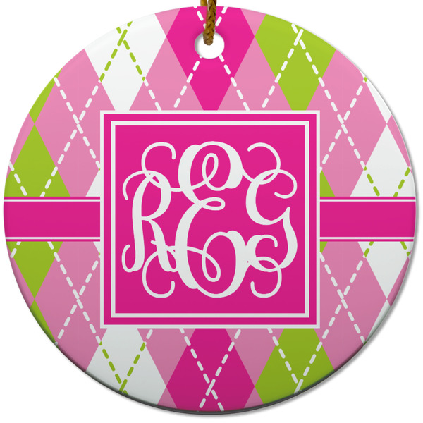 Custom Pink & Green Argyle Round Ceramic Ornament w/ Monogram