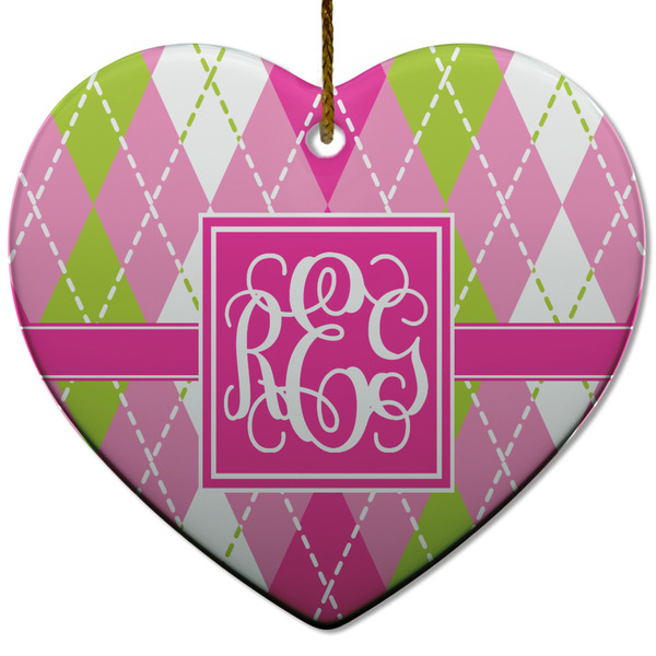 Custom Pink & Green Argyle Heart Ceramic Ornament w/ Monogram