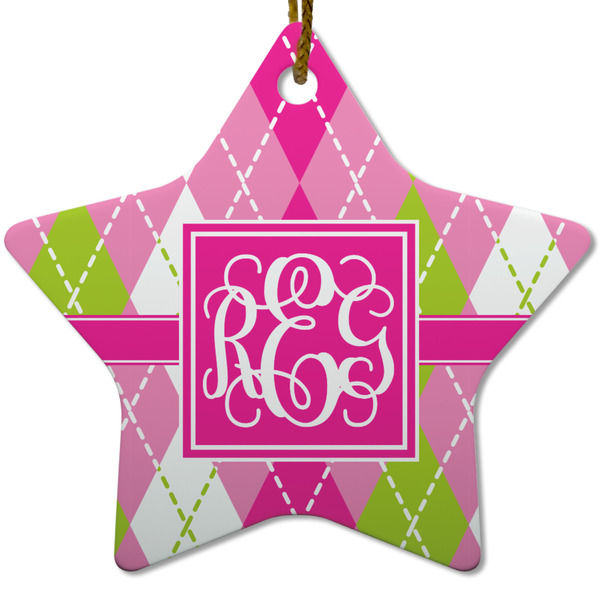 Custom Pink & Green Argyle Star Ceramic Ornament w/ Monogram