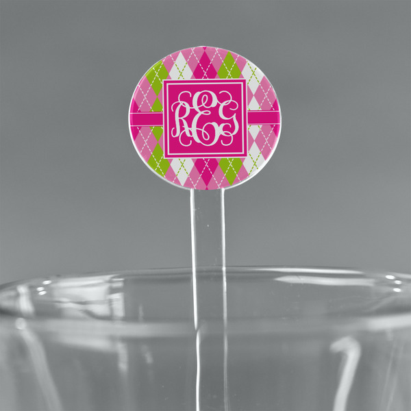 Custom Pink & Green Argyle 7" Round Plastic Stir Sticks - Clear (Personalized)