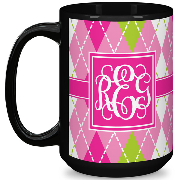 Custom Pink & Green Argyle 15 Oz Coffee Mug - Black (Personalized)