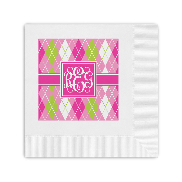 Custom Pink & Green Argyle Coined Cocktail Napkins (Personalized)