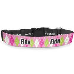 Pink & Green Argyle Deluxe Dog Collar - Medium (11.5" to 17.5") (Personalized)