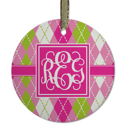 Pink & Green Argyle Flat Glass Ornament - Round w/ Monogram