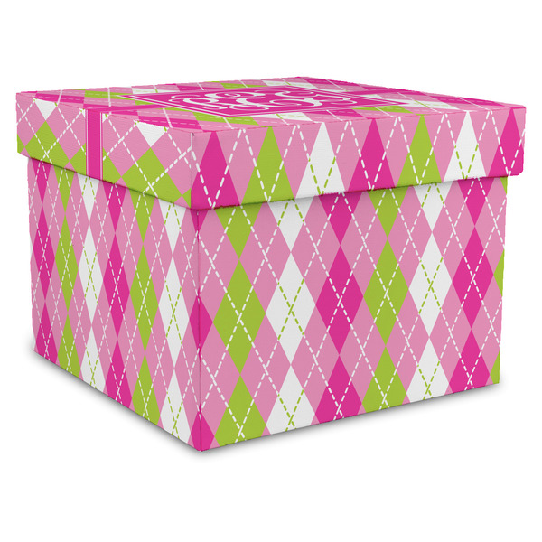 Custom Pink & Green Argyle Gift Box with Lid - Canvas Wrapped - X-Large (Personalized)