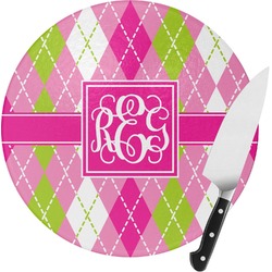 Pink & Green Argyle Round Glass Cutting Board - Medium (Personalized)