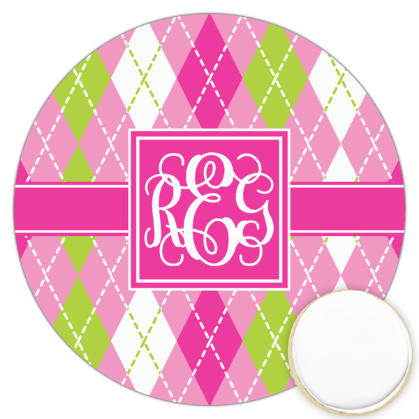 Custom Pink & Green Argyle Printed Cookie Topper - 3.25" (Personalized)