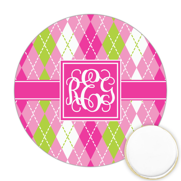Custom Pink & Green Argyle Printed Cookie Topper - 2.5" (Personalized)