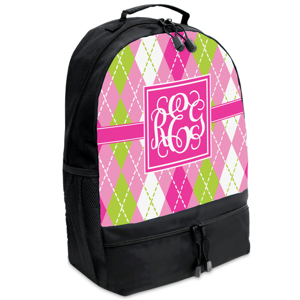 Custom Pink & Green Argyle Backpacks - Black (Personalized)