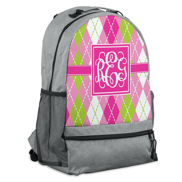 Custom Pink & Green Argyle Backpack - Grey (Personalized)