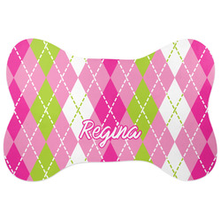 Pink & Green Argyle Bone Shaped Dog Food Mat (Large) (Personalized)