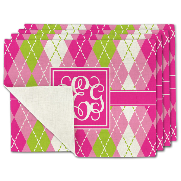 Custom Pink & Green Argyle Single-Sided Linen Placemat - Set of 4 w/ Monogram